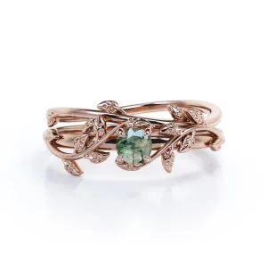 Vine 1 carat Round Cut Moss Green Agate Solitaire Wedding Ring Set for Women with Matching Leaf Design Wedding Band in Rose Gold