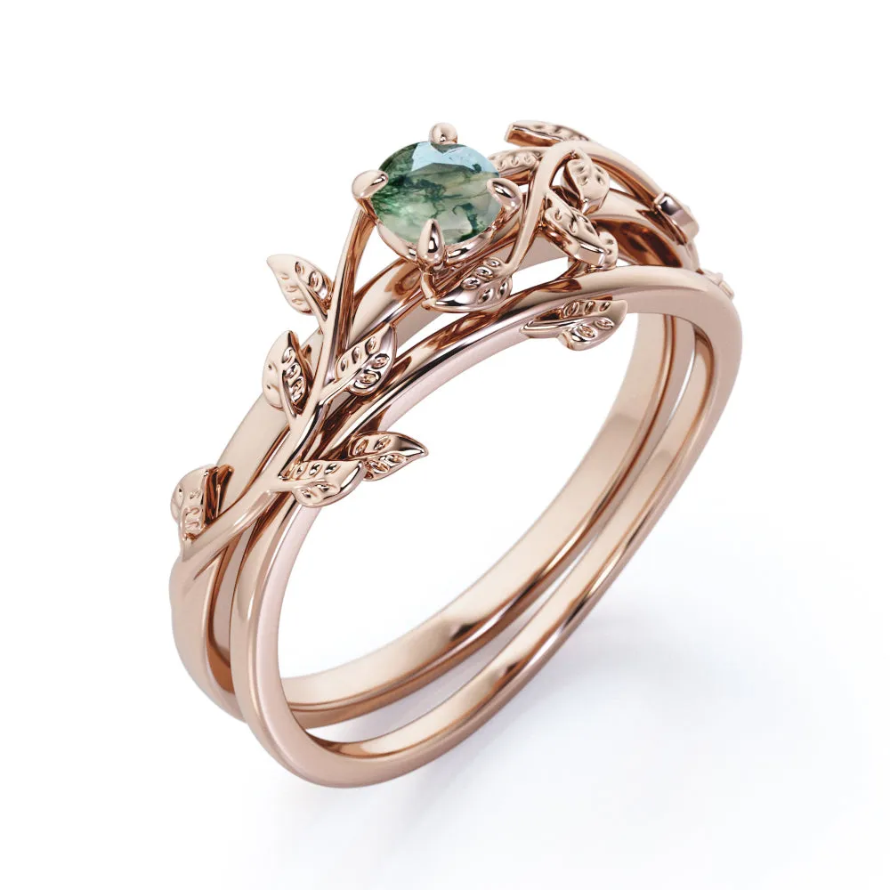 Vine 1 carat Round Cut Moss Green Agate Solitaire Wedding Ring Set for Women with Matching Leaf Design Wedding Band in Rose Gold