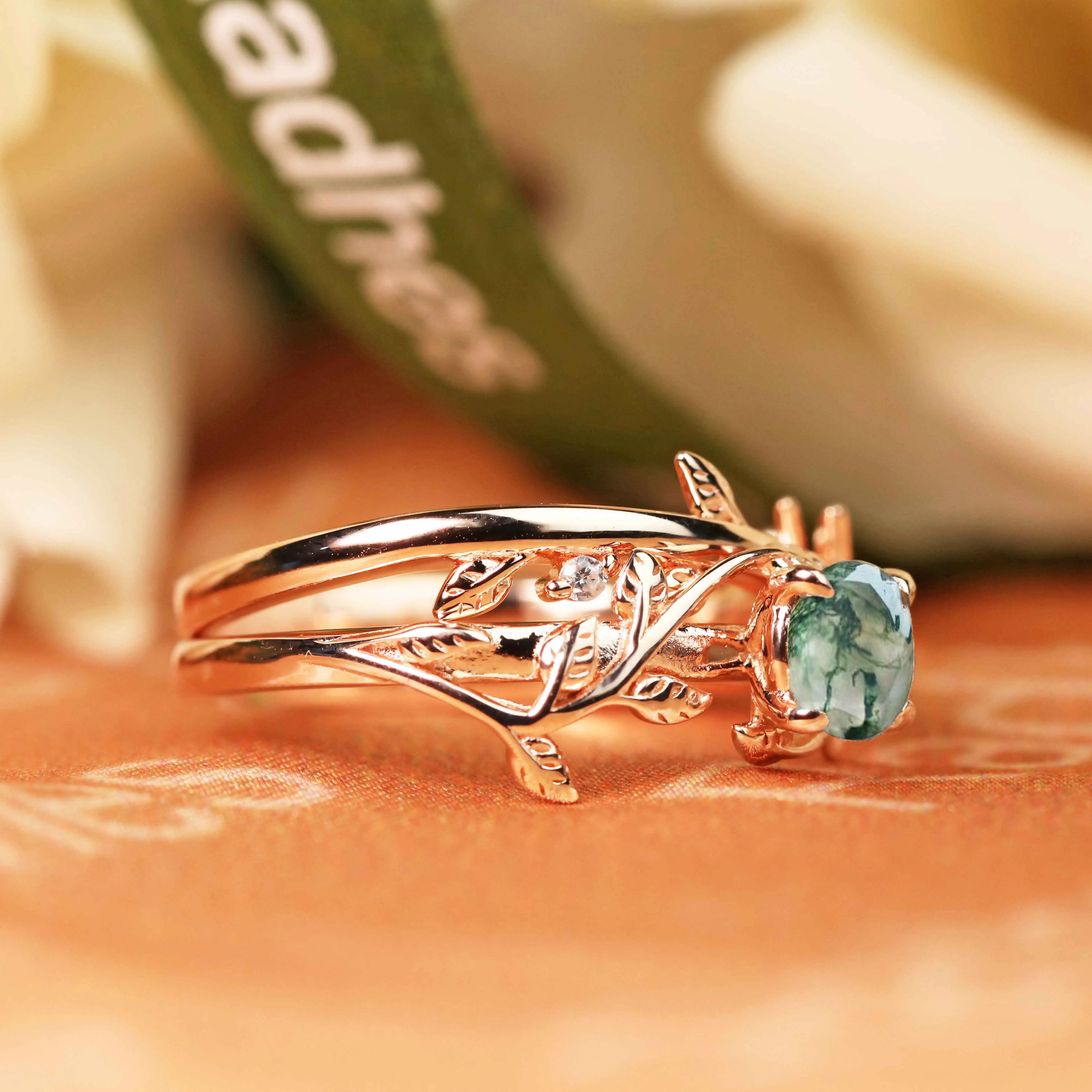 Vine 1 carat Round Cut Moss Green Agate Solitaire Wedding Ring Set for Women with Matching Leaf Design Wedding Band in Rose Gold