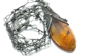 Vintage 800 Silver Amber Hand Made Poland Necklace Pendant Set Signed