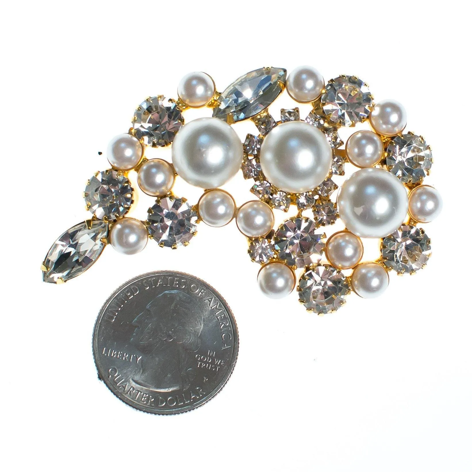 Vintage Huge Pearl and Diamante Crystal Paisley Style Brooch