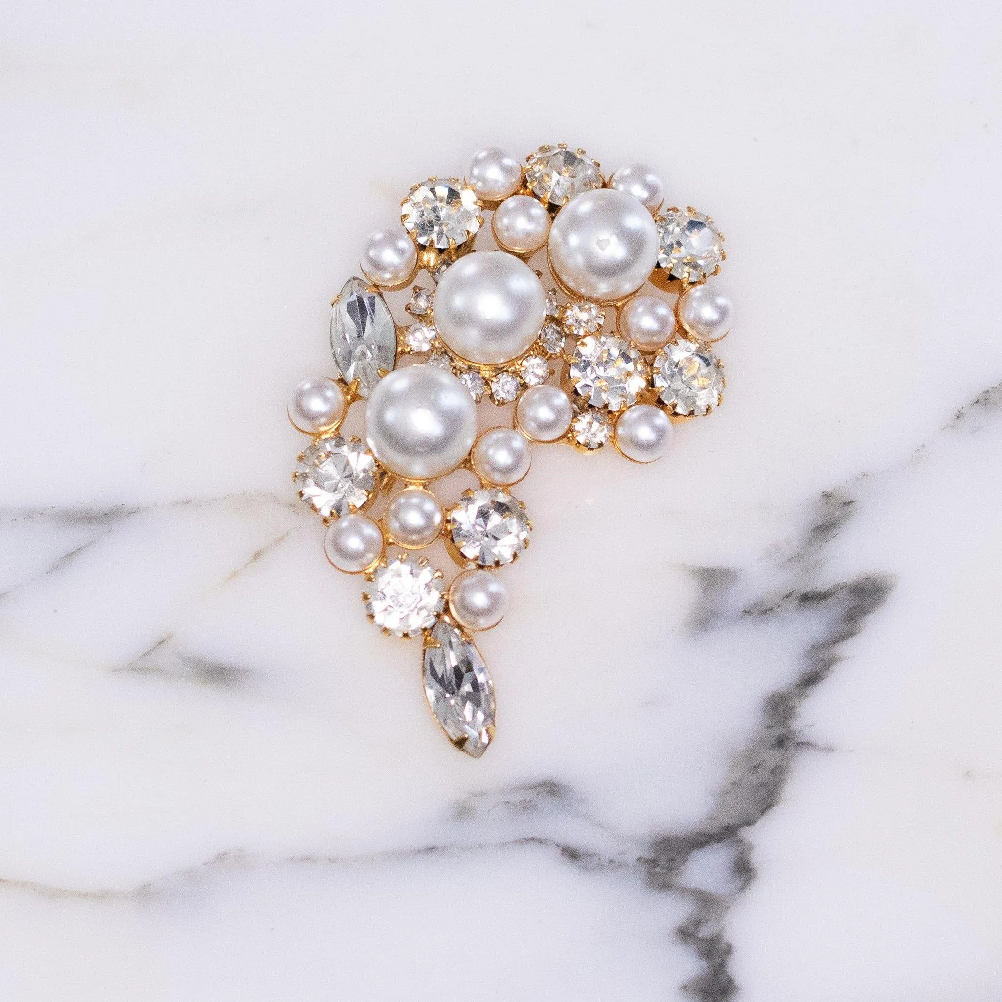 Vintage Huge Pearl and Diamante Crystal Paisley Style Brooch