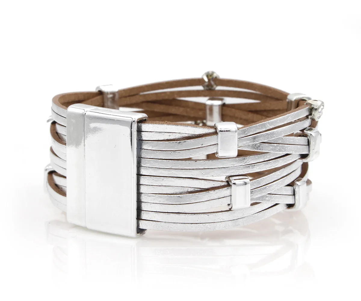Weave Metallic Silver Rhinestone Leather Bracelet
