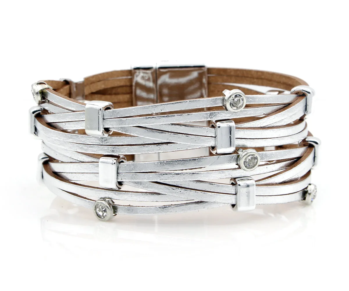Weave Metallic Silver Rhinestone Leather Bracelet