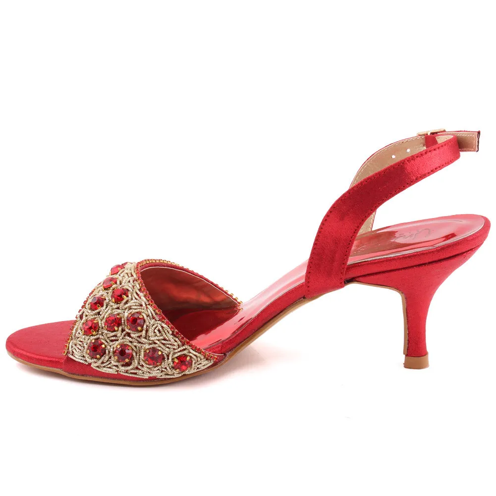 Women “FIA” Studs Decorated Shimmer Kitten Heel Buckle Closure Sandals