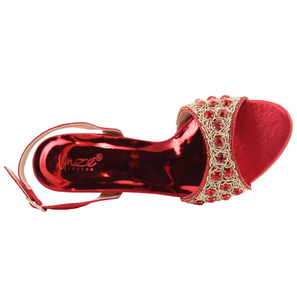 Women “FIA” Studs Decorated Shimmer Kitten Heel Buckle Closure Sandals