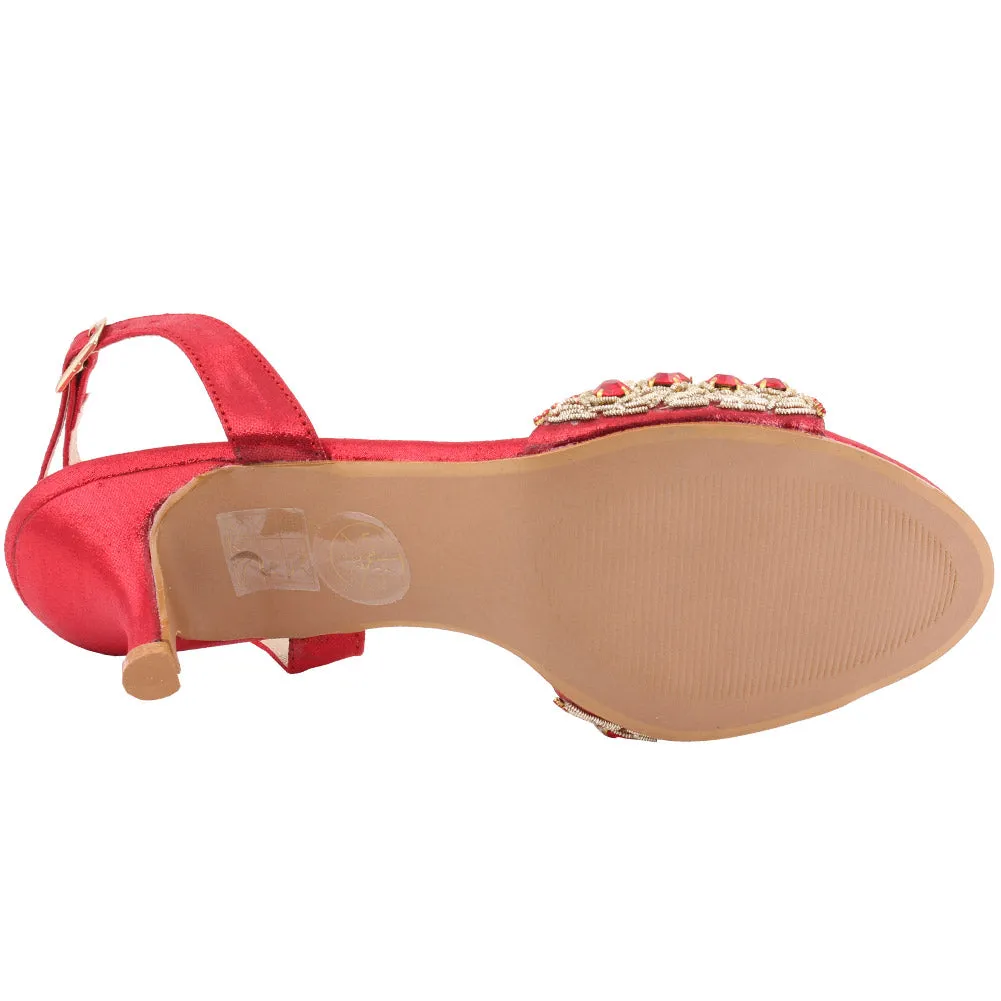 Women “FIA” Studs Decorated Shimmer Kitten Heel Buckle Closure Sandals