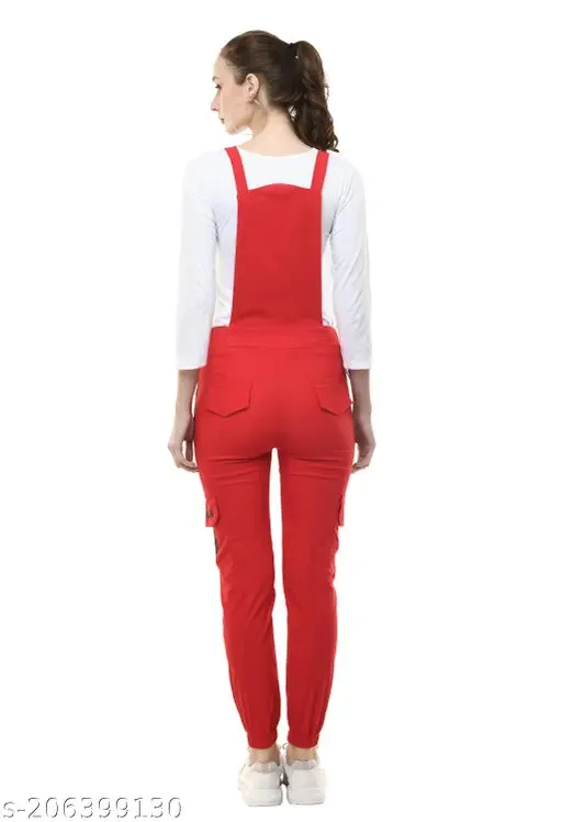 Women Pretty Trendy Stylish Fashionable Casual Regular Fit Full Length Western Wear Red Printing Stretchable Cotton Blend Dungaree Jumpsuits Pack Of 1 S28 M30 L32  XL34