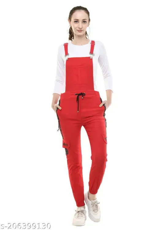 Women Pretty Trendy Stylish Fashionable Casual Regular Fit Full Length Western Wear Red Printing Stretchable Cotton Blend Dungaree Jumpsuits Pack Of 1 S28 M30 L32  XL34