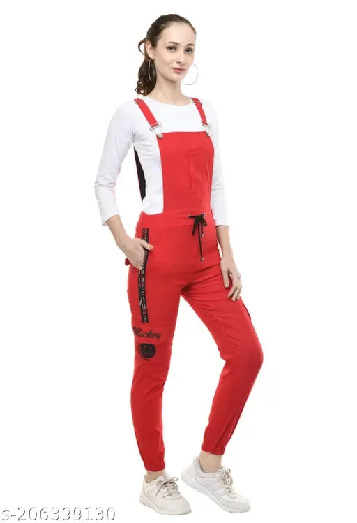 Women Pretty Trendy Stylish Fashionable Casual Regular Fit Full Length Western Wear Red Printing Stretchable Cotton Blend Dungaree Jumpsuits Pack Of 1 S28 M30 L32  XL34