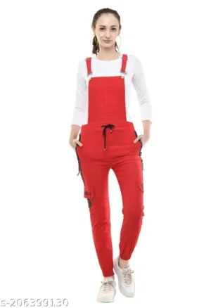 Women Pretty Trendy Stylish Fashionable Casual Regular Fit Full Length Western Wear Red Printing Stretchable Cotton Blend Dungaree Jumpsuits Pack Of 1 S28 M30 L32  XL34
