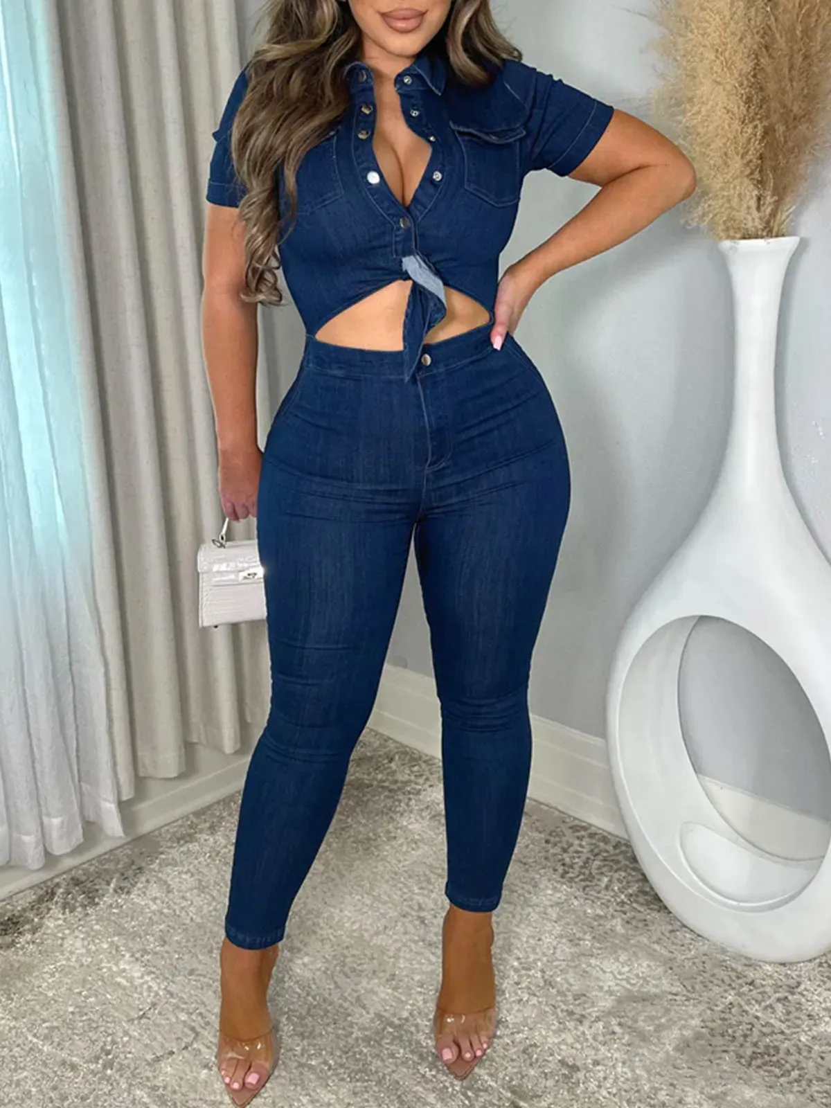 Women Skinny One Piece Romper Denim Jumpsuit