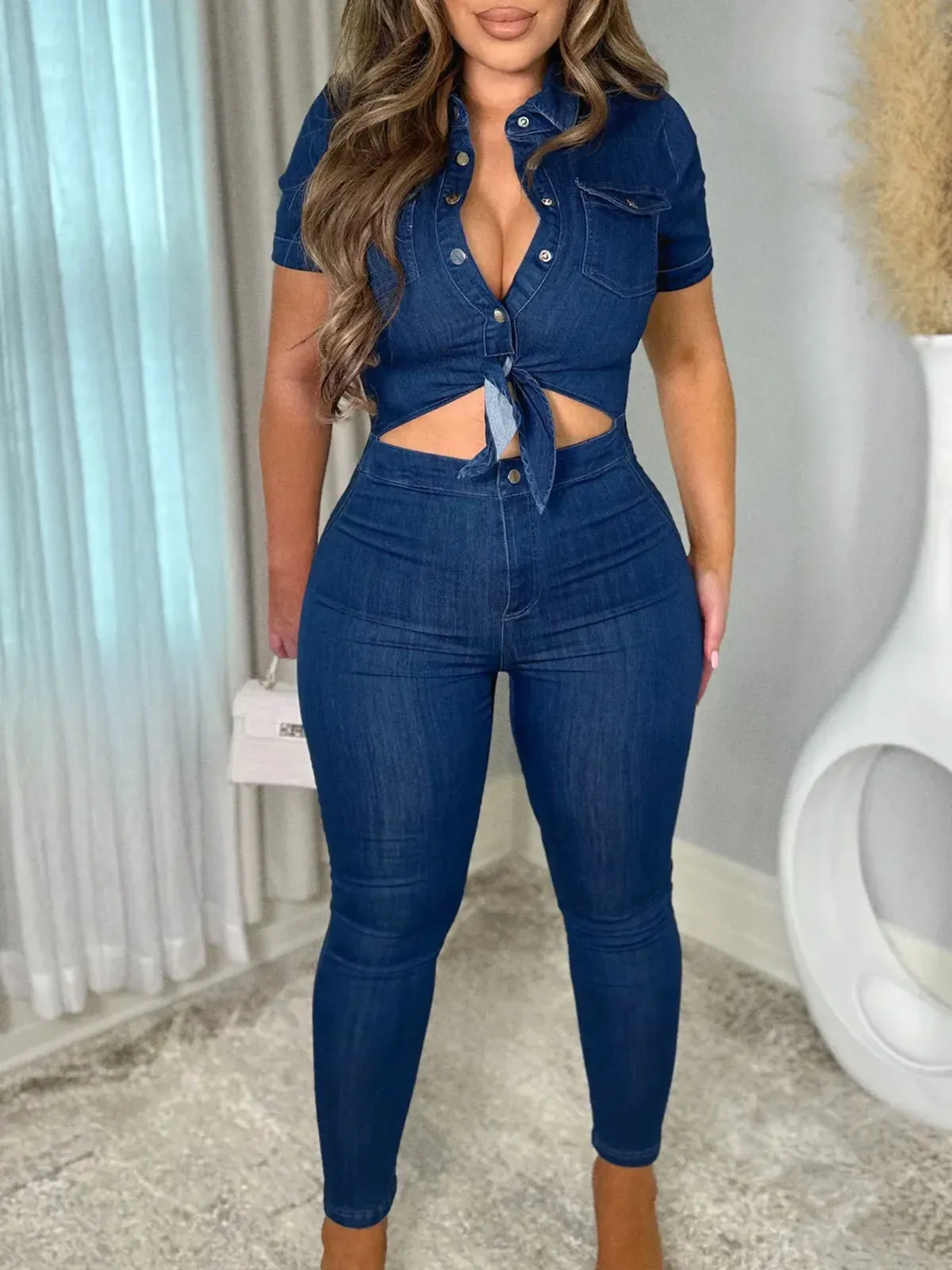 Women Skinny One Piece Romper Denim Jumpsuit