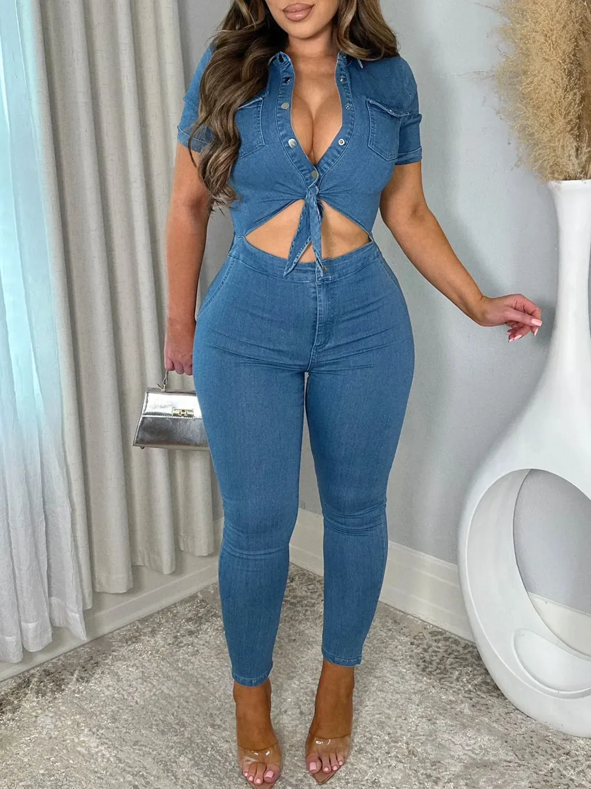 Women Skinny One Piece Romper Denim Jumpsuit