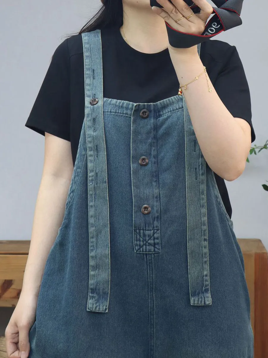 Women Summer Artsy Pure Color Denim Long Jumpsuits