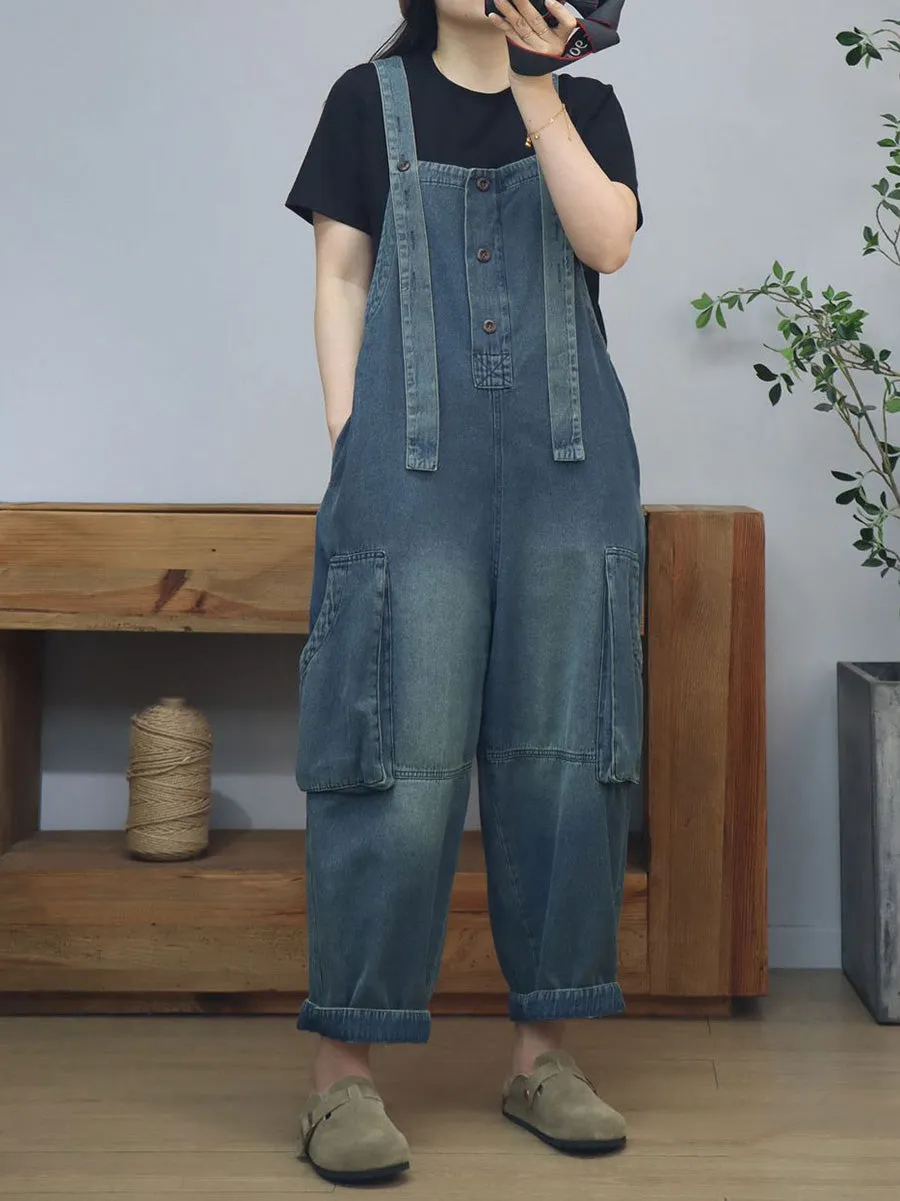 Women Summer Artsy Pure Color Denim Long Jumpsuits