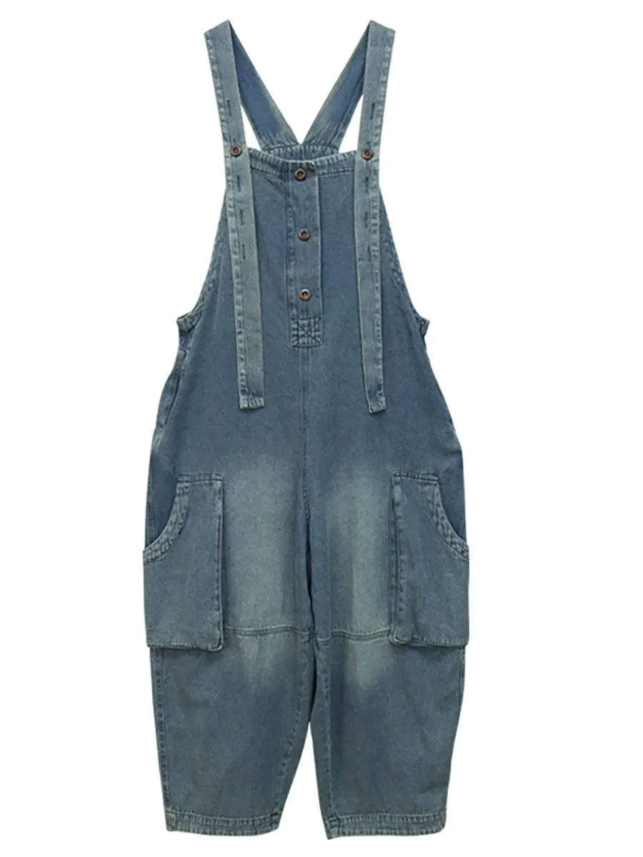 Women Summer Artsy Pure Color Denim Long Jumpsuits