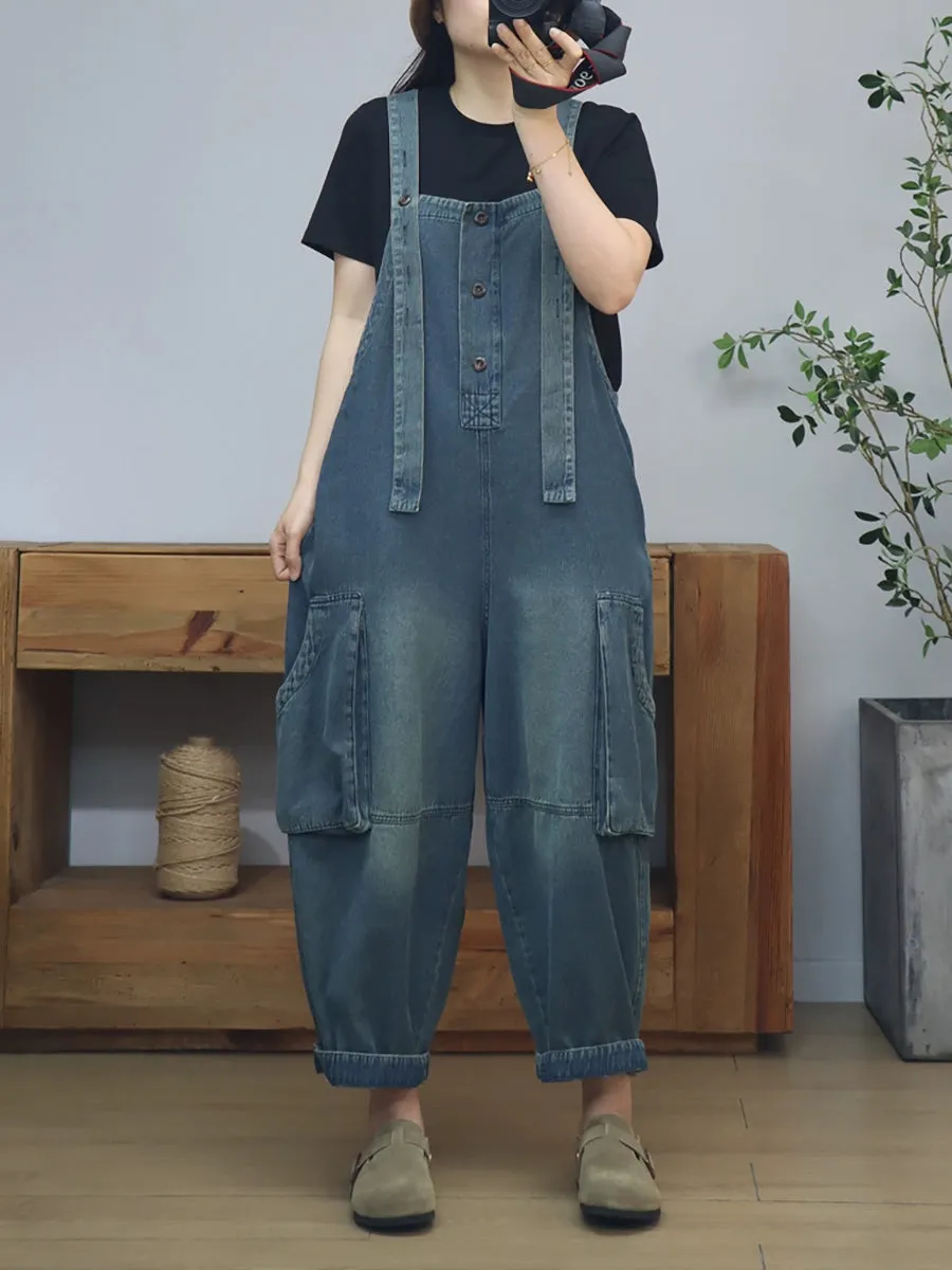 Women Summer Artsy Pure Color Denim Long Jumpsuits