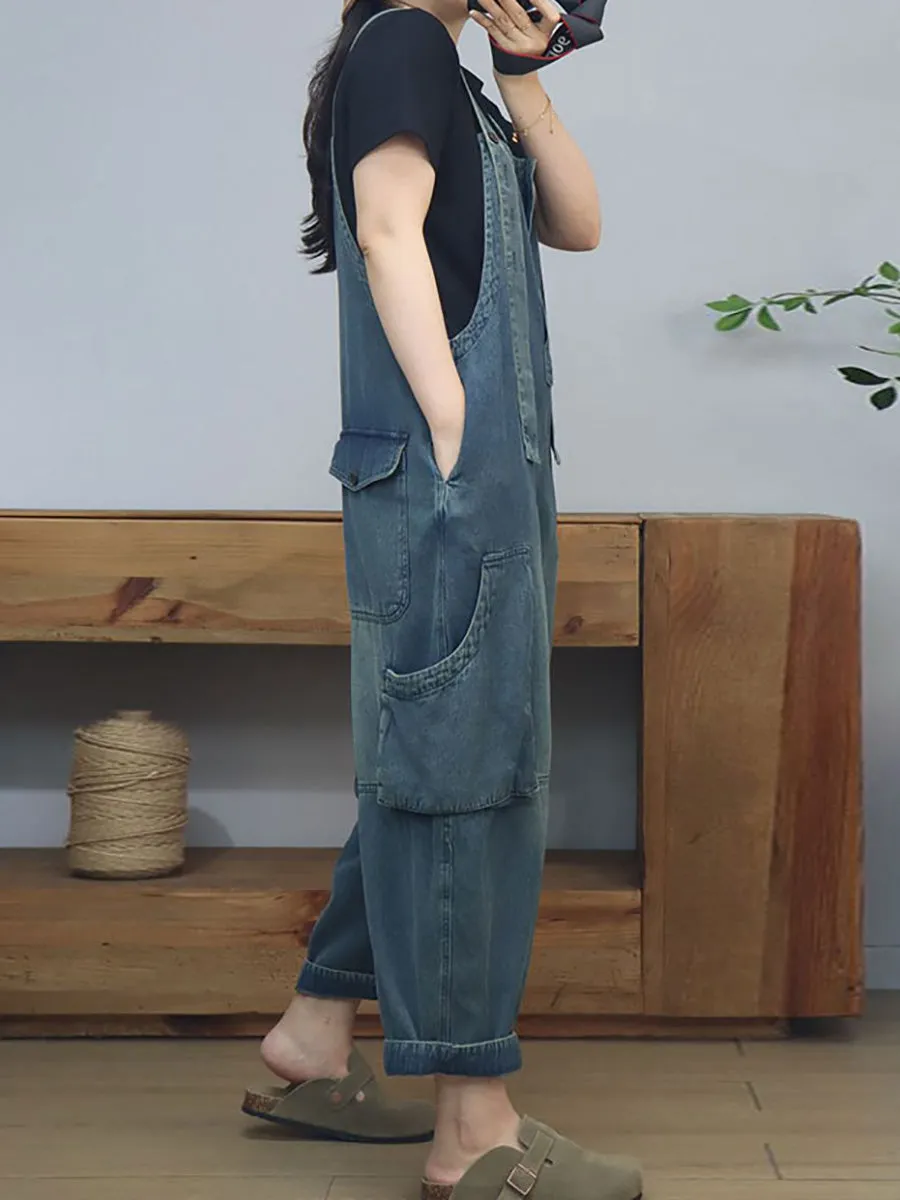 Women Summer Artsy Pure Color Denim Long Jumpsuits