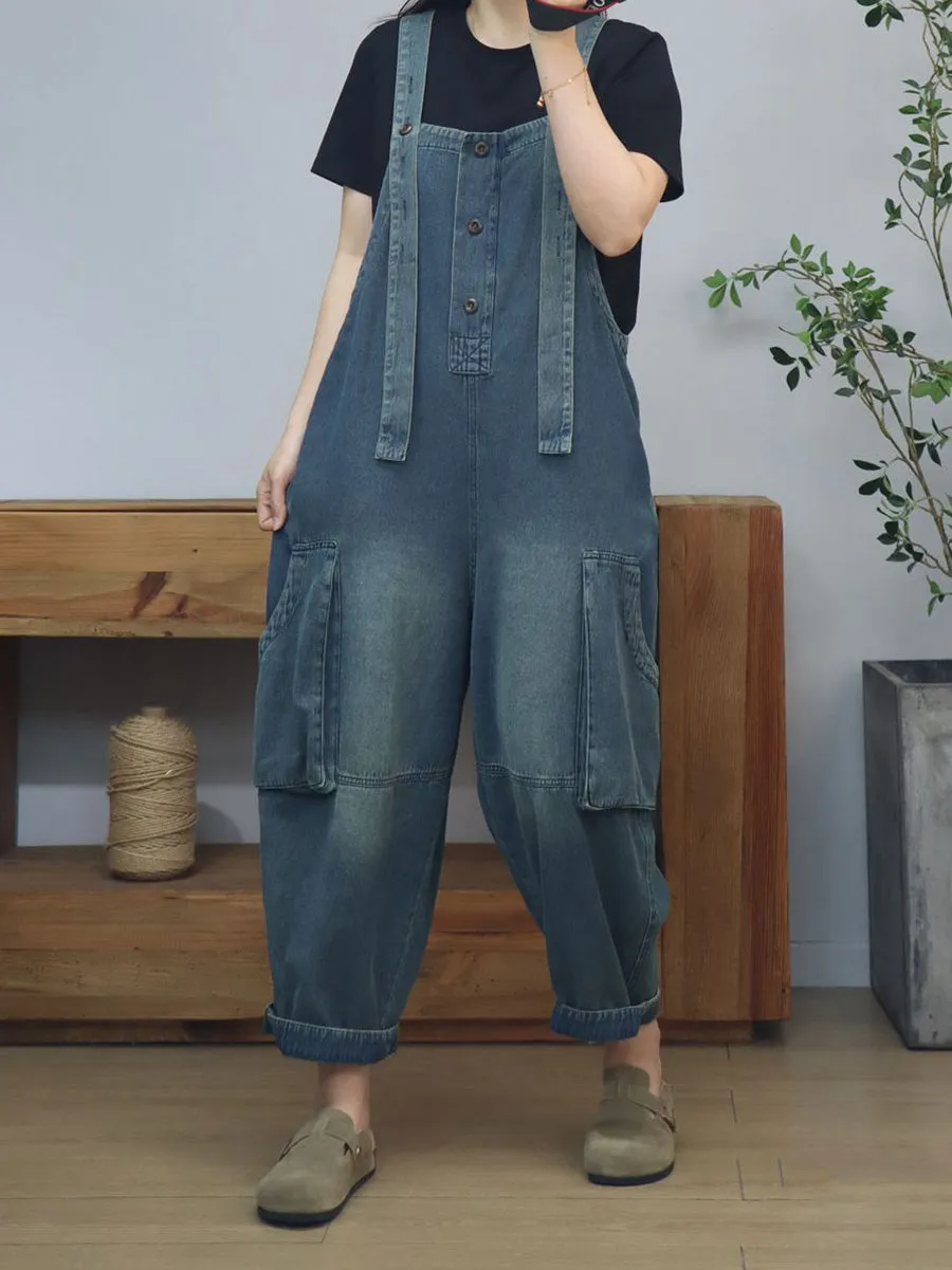 Women Summer Artsy Pure Color Denim Long Jumpsuits
