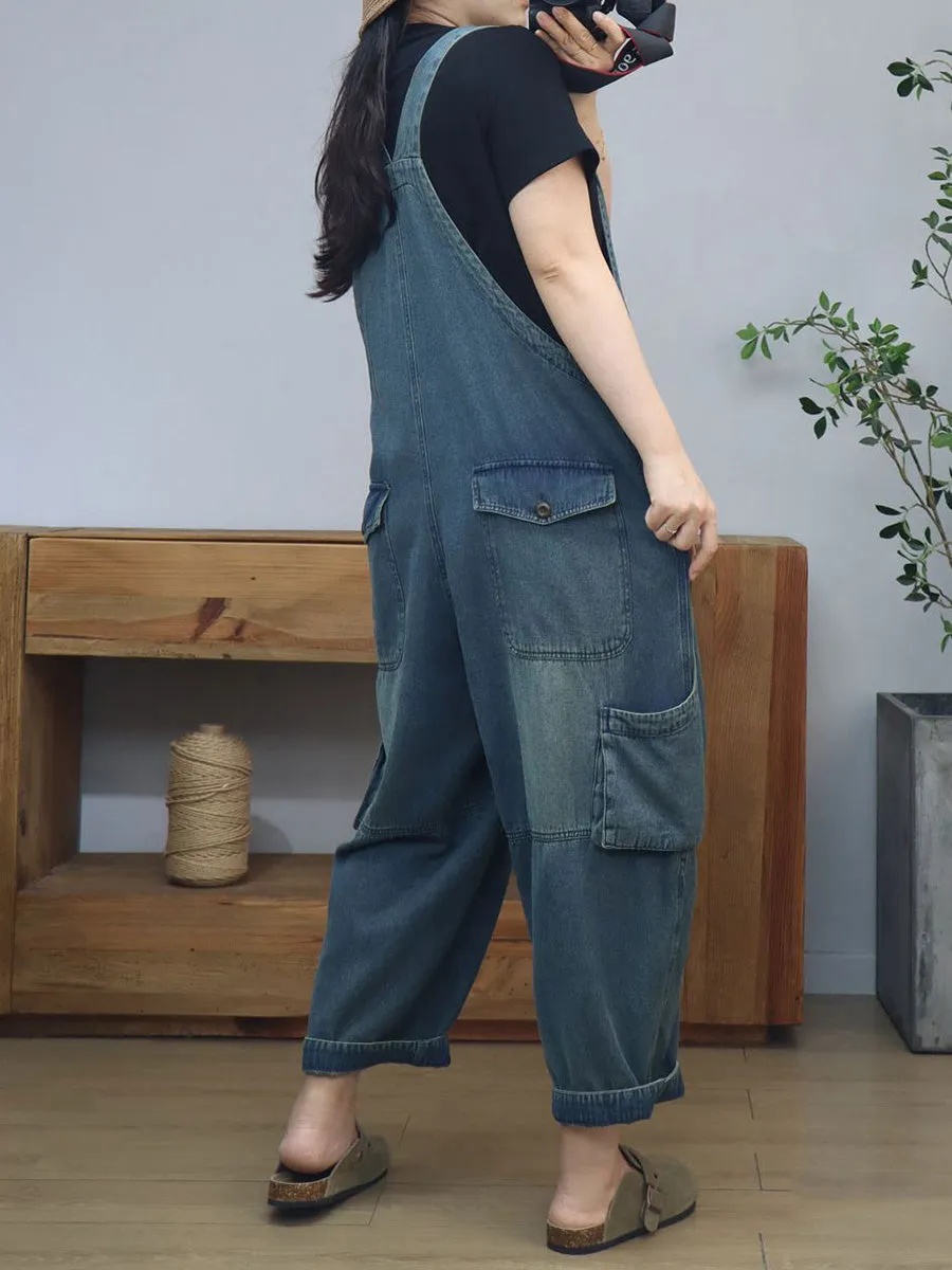 Women Summer Artsy Pure Color Denim Long Jumpsuits