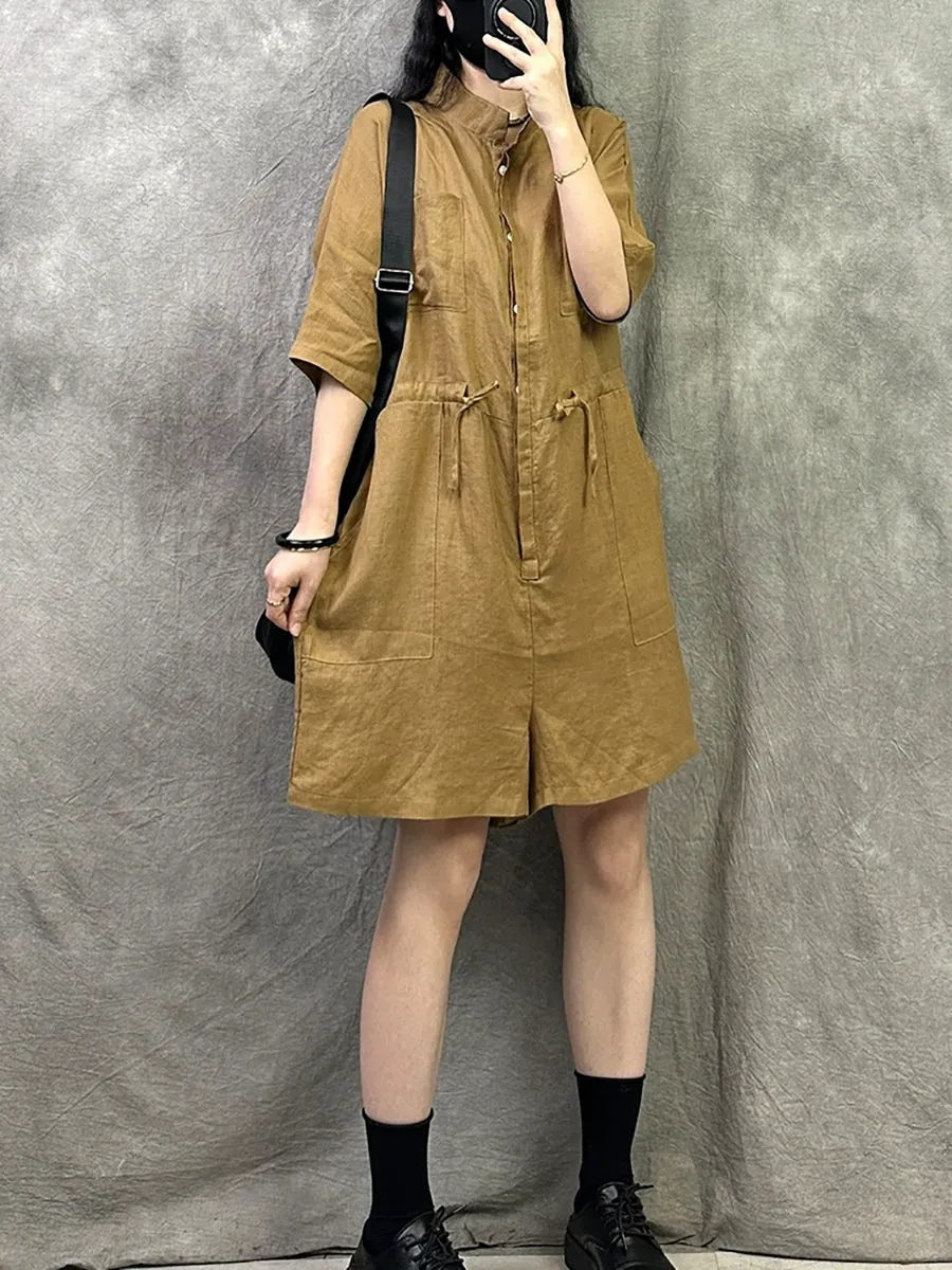 Women Summer Pure Color Stand Collar Linen Jumpsuits