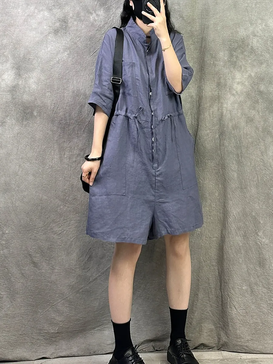 Women Summer Pure Color Stand Collar Linen Jumpsuits