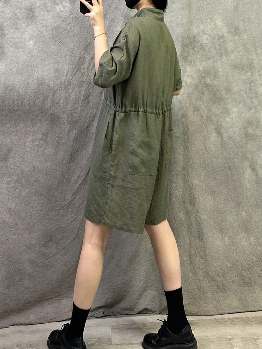 Women Summer Pure Color Stand Collar Linen Jumpsuits