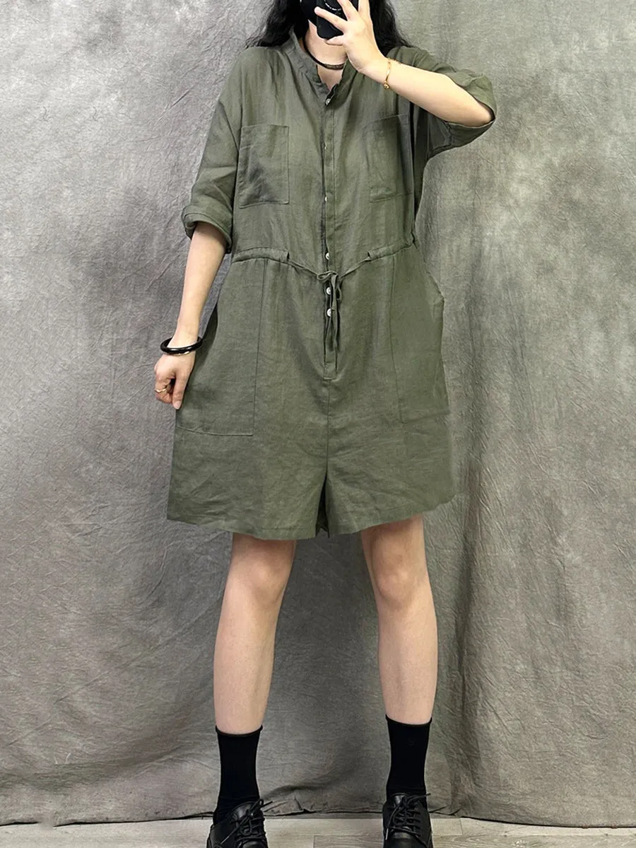 Women Summer Pure Color Stand Collar Linen Jumpsuits