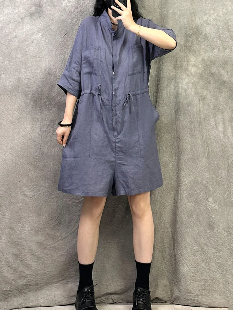Women Summer Pure Color Stand Collar Linen Jumpsuits