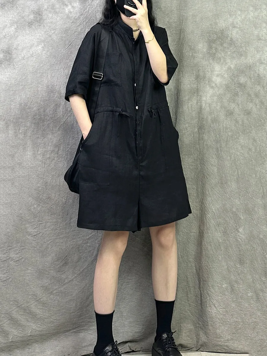 Women Summer Pure Color Stand Collar Linen Jumpsuits