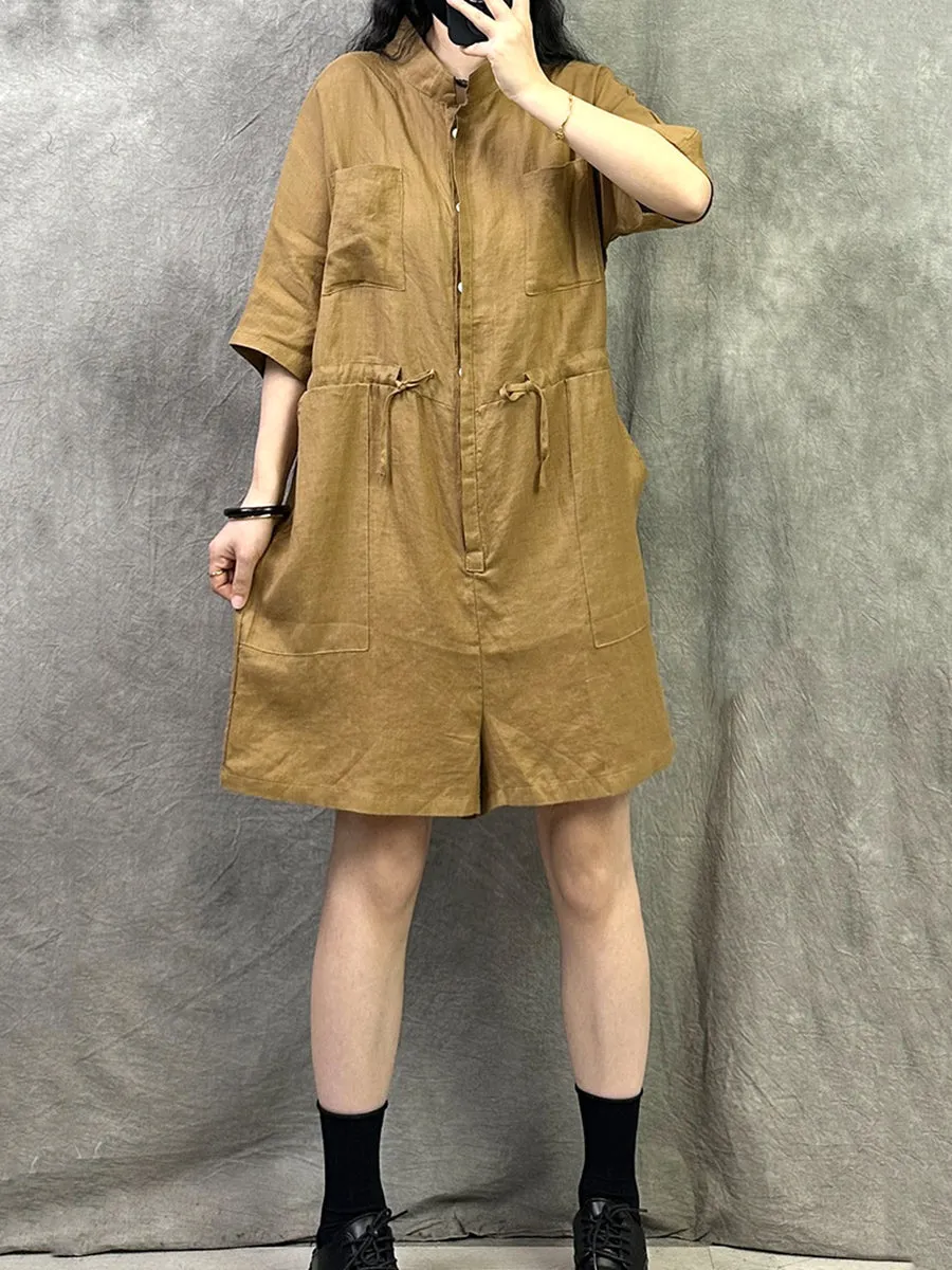 Women Summer Pure Color Stand Collar Linen Jumpsuits