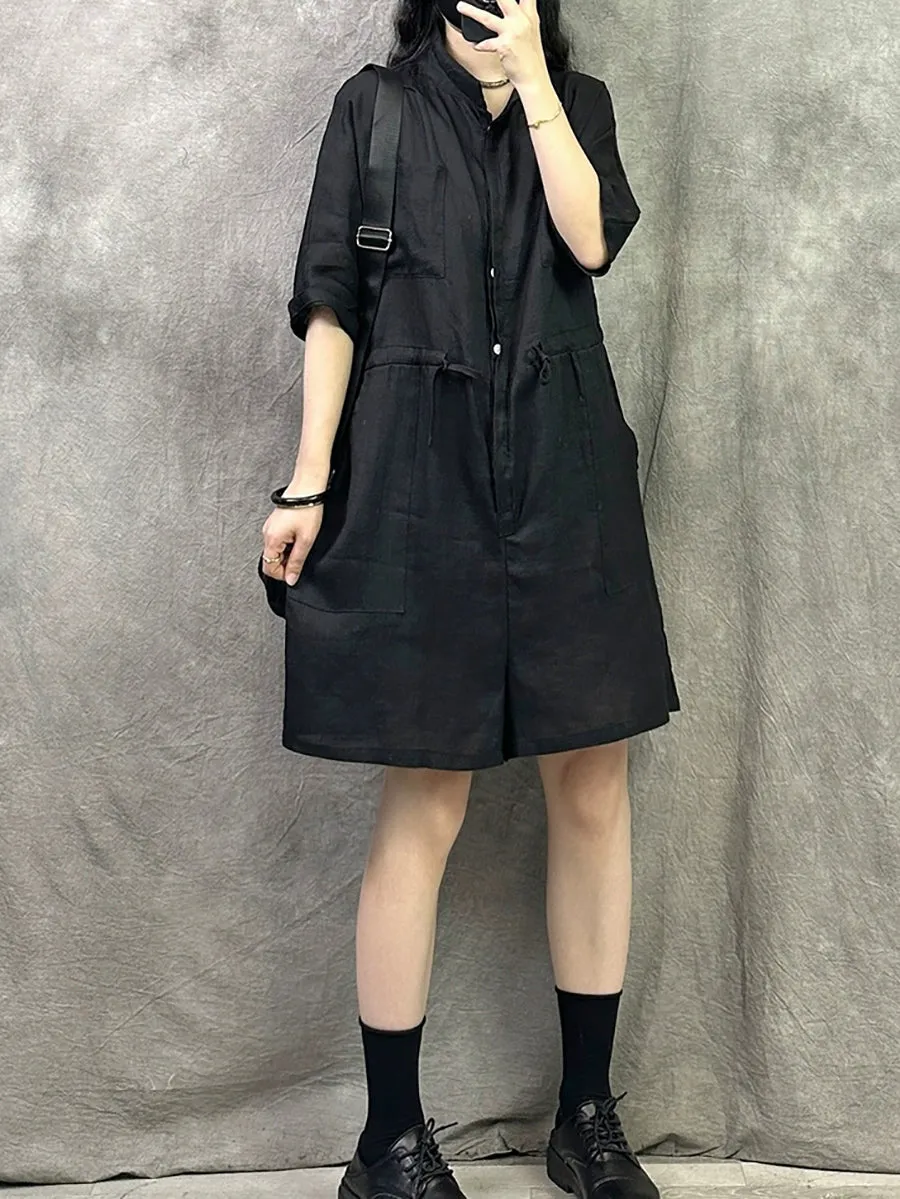Women Summer Pure Color Stand Collar Linen Jumpsuits