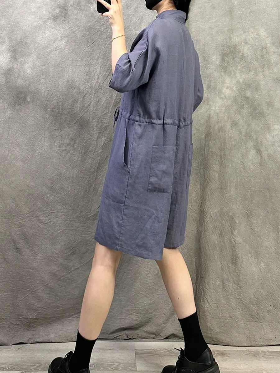 Women Summer Pure Color Stand Collar Linen Jumpsuits