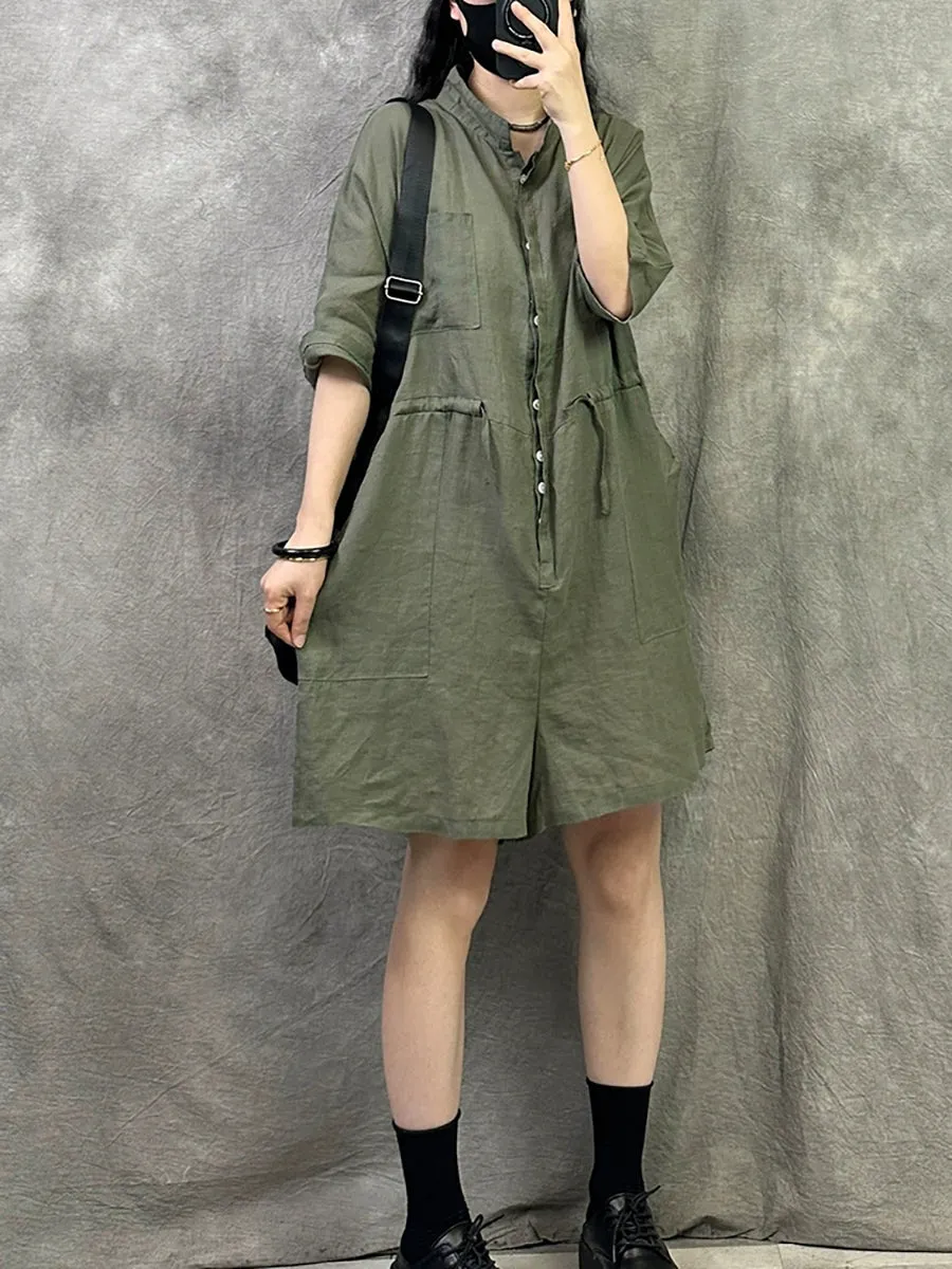 Women Summer Pure Color Stand Collar Linen Jumpsuits