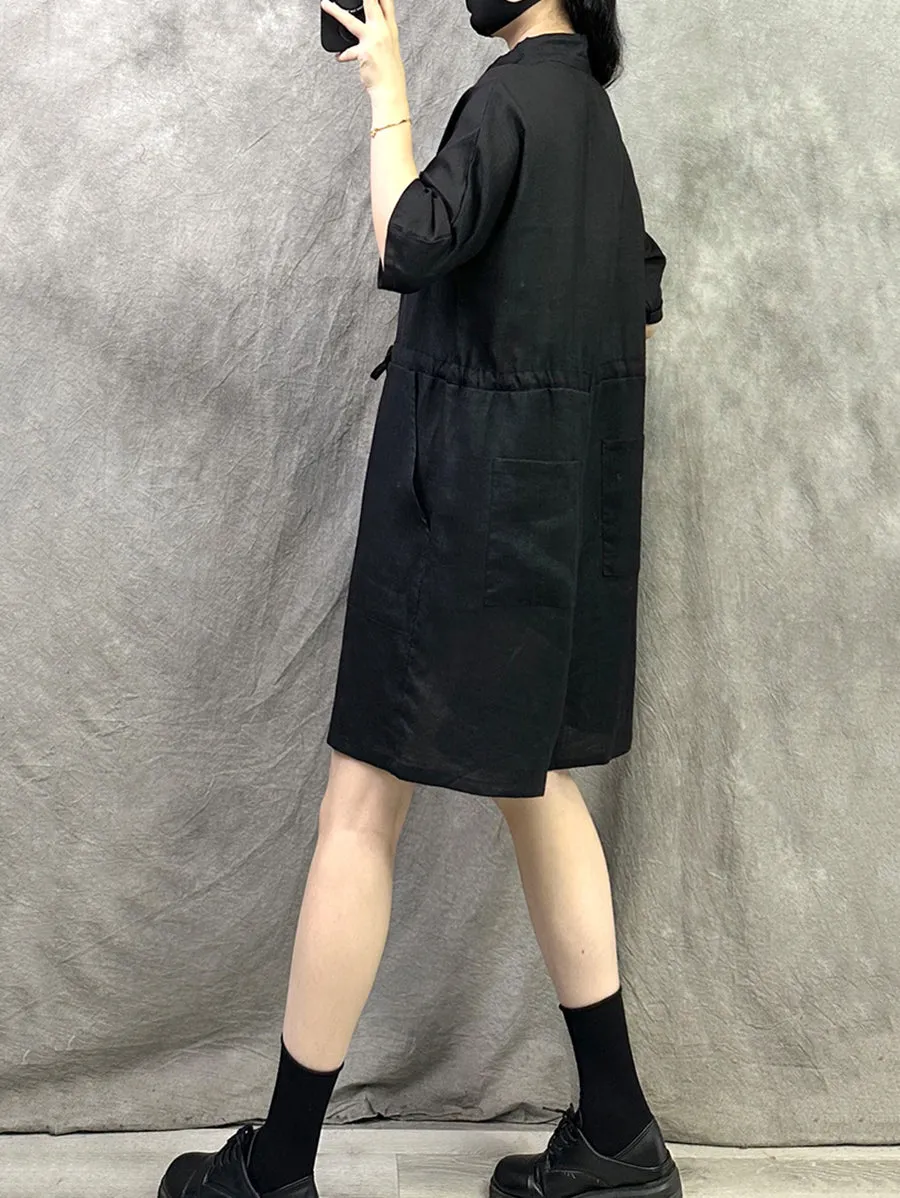 Women Summer Pure Color Stand Collar Linen Jumpsuits