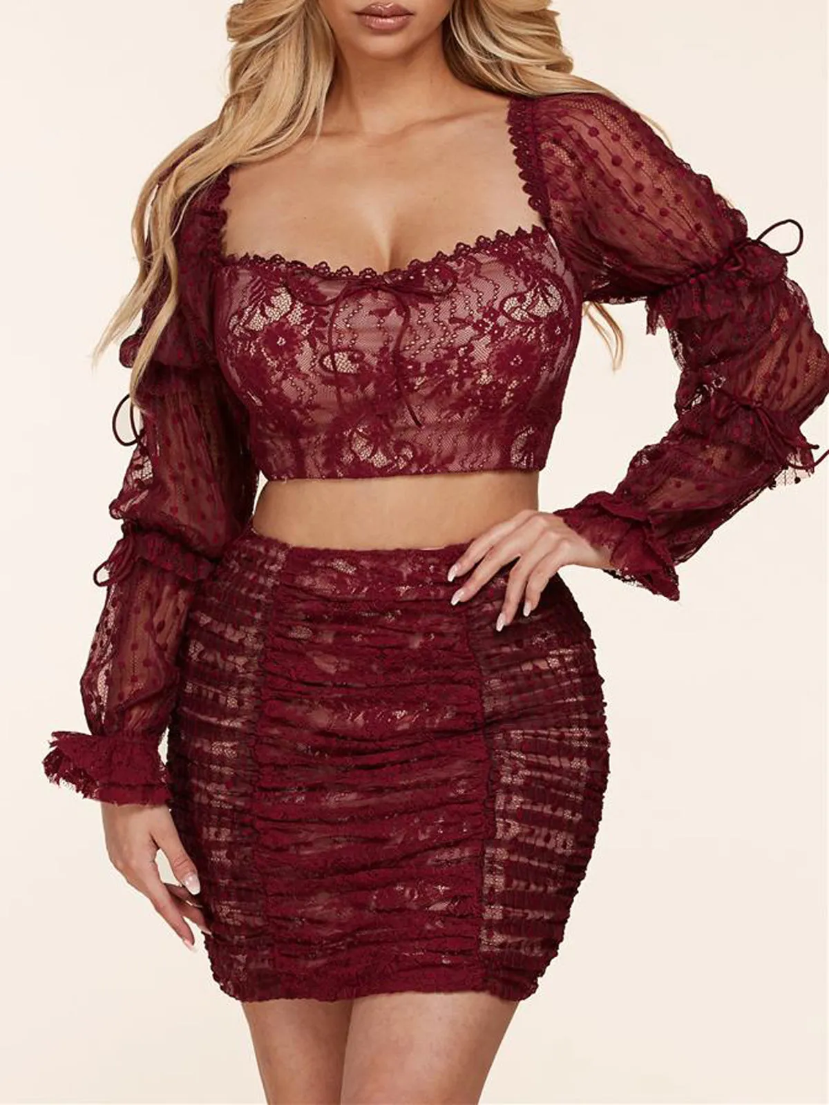 WOMEN'S LONG SLEEVE CROP TOP & MINI SKIRT LACE RUCHED 2PC. SET