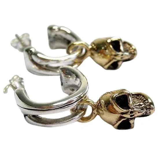 Yellow Gold Dangle Skull Sterling Silver Biker Stud Earrings